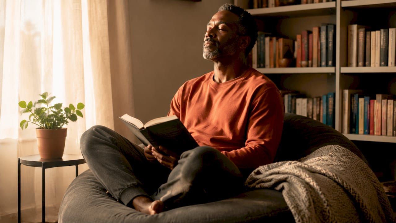 Man pausing for breathing exercise in kitchen
