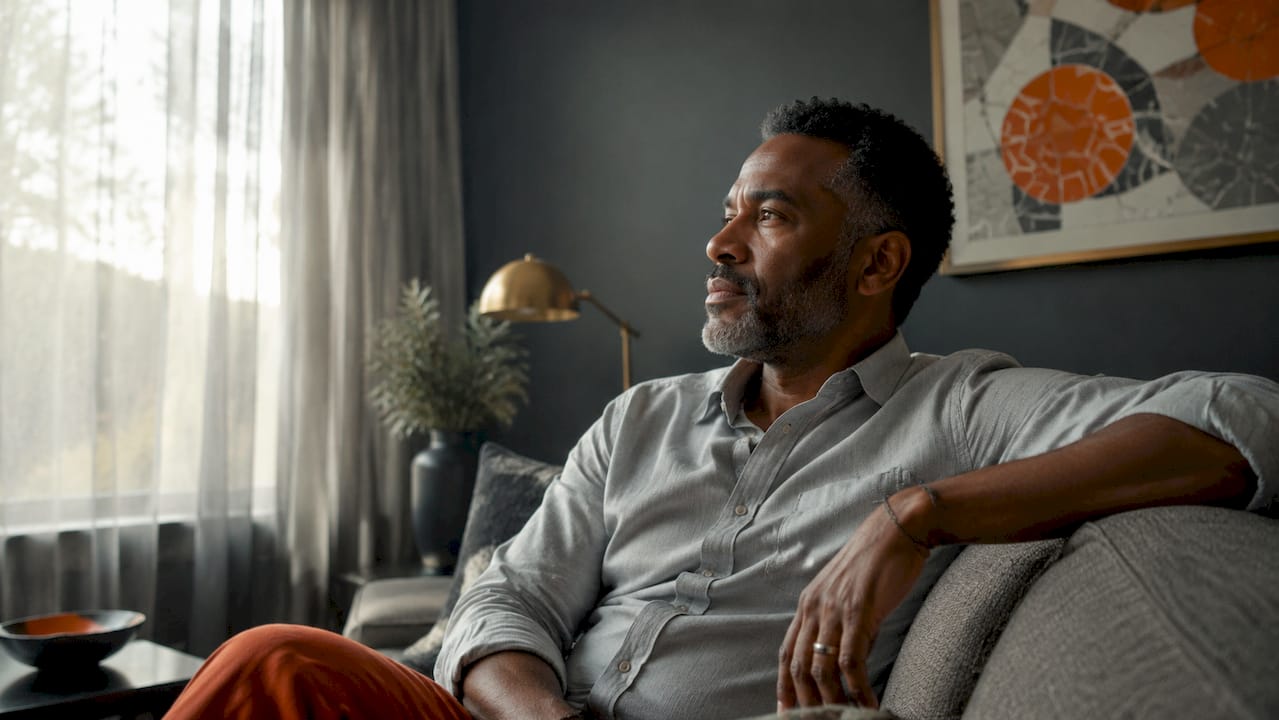 Side profile of man practicing mindful awareness in office setting
