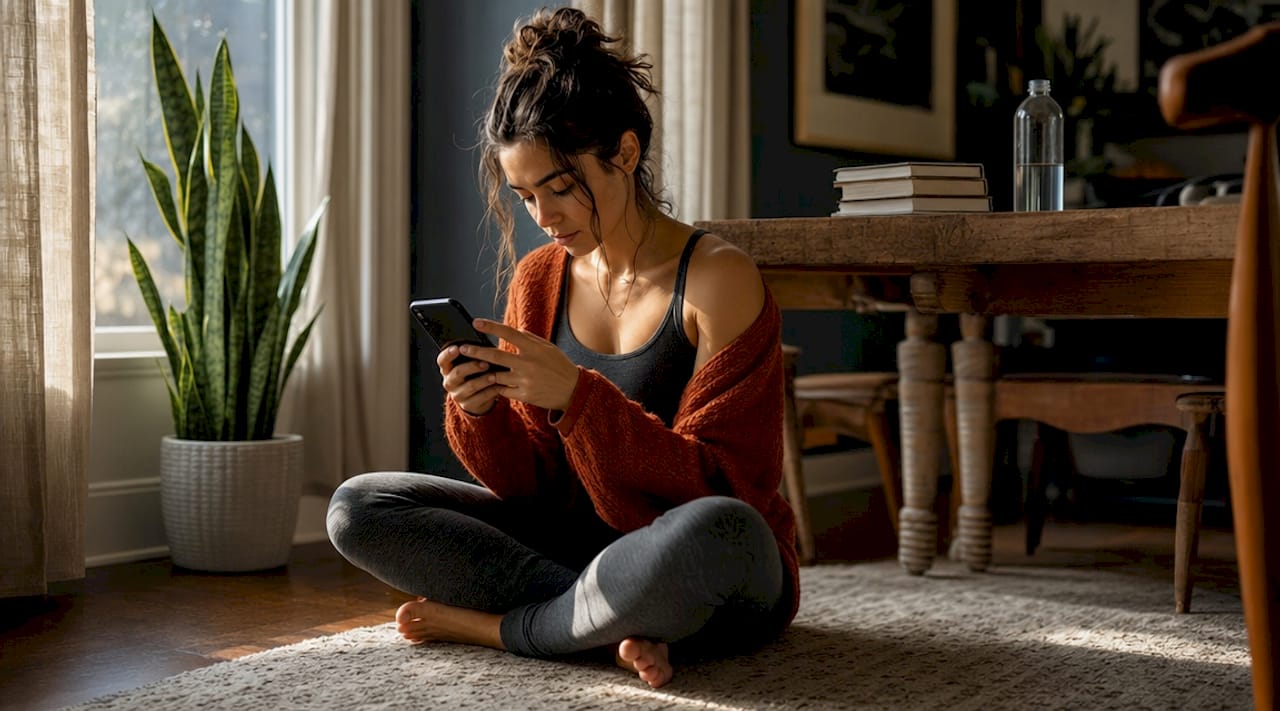 Woman reviewing meditation app checklist on smartphone