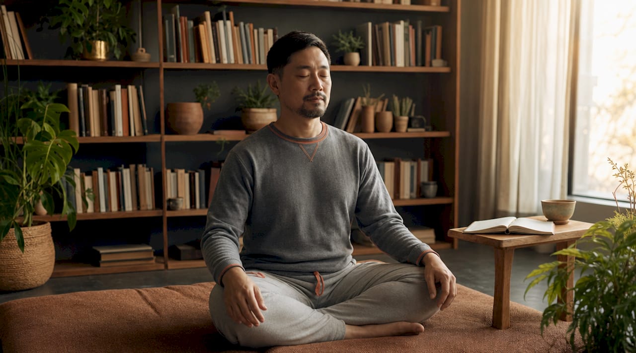 Man meditating peacefully in sunlit room