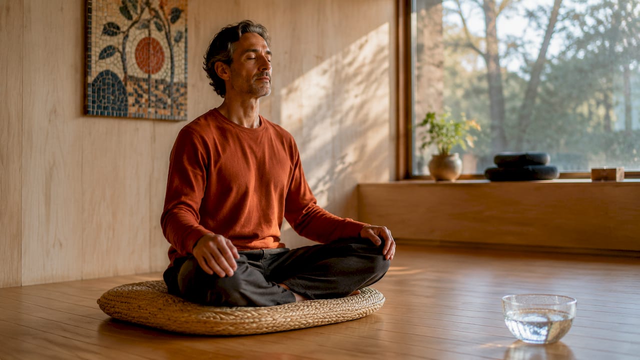 Man practicing silent meditation in calm room