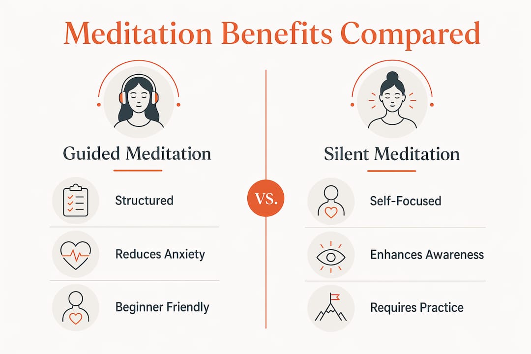 Infographic comparing guided and silent meditation benefits