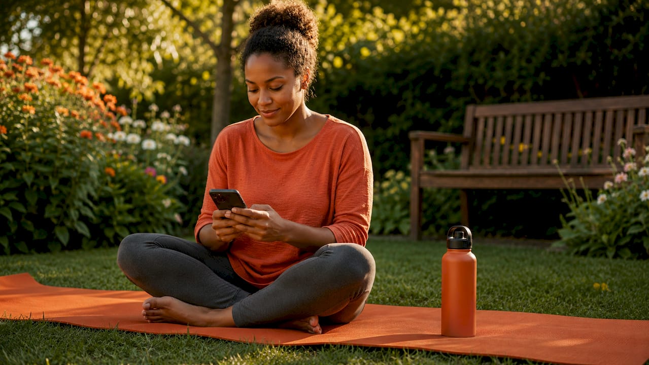 Woman inputting meditation app data on phone