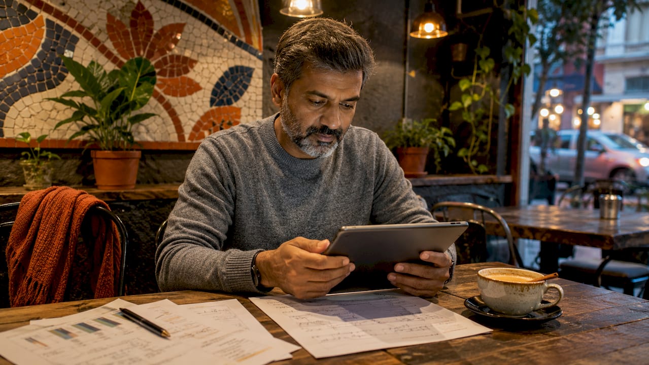 Man analyzing meditation data on tablet overhead