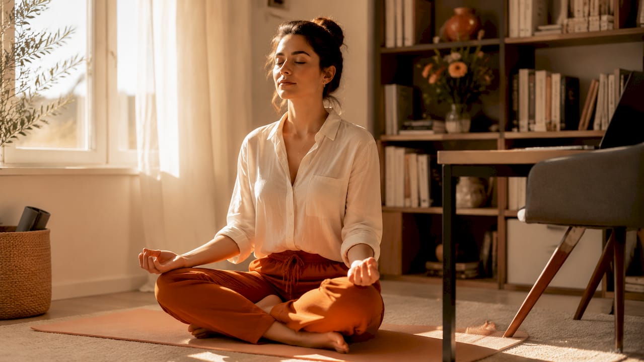 Woman meditating quietly at home
