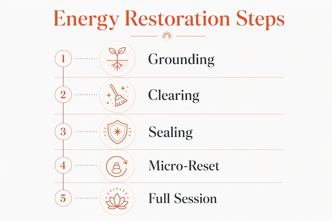 Infographic showing five energy restoration meditation steps