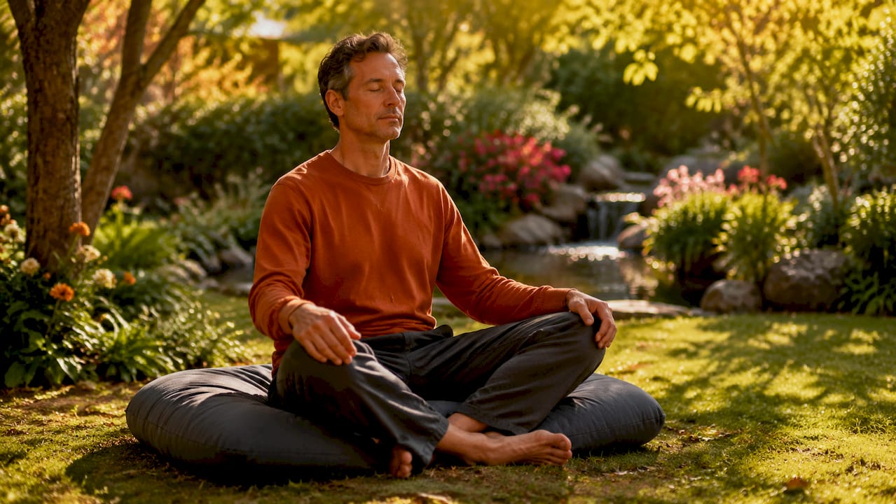 Man meditating upright in home study chair