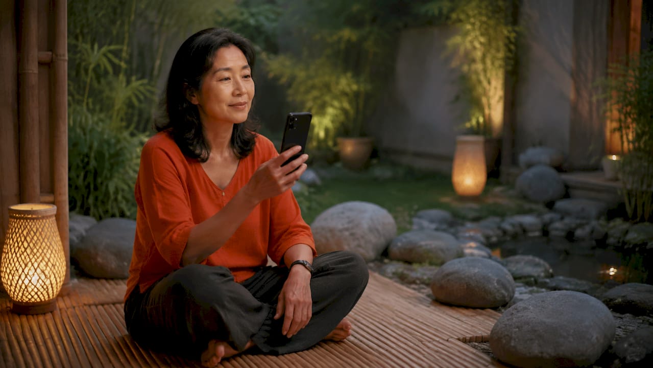 Woman practicing conversational meditation intake on smartphone