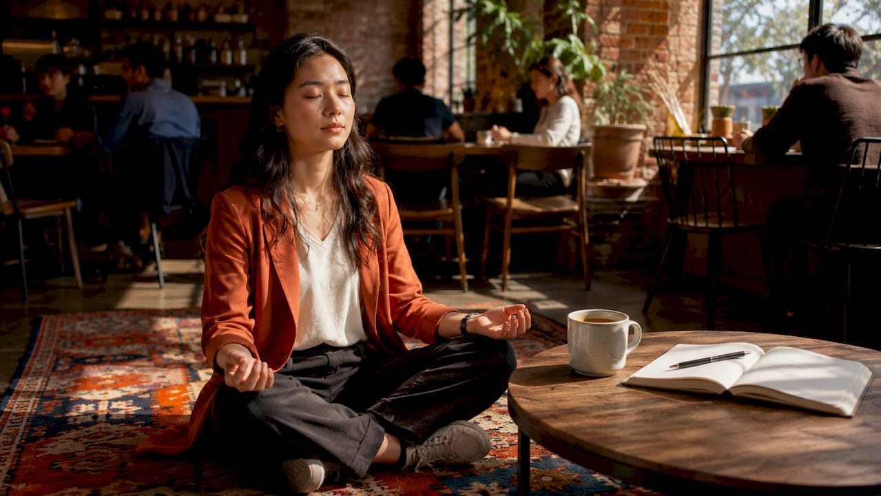 Woman practicing micro-meditation at home