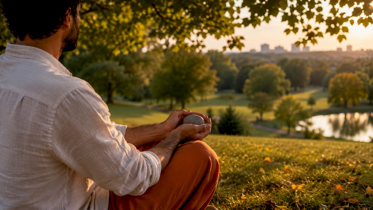 Hands holding stone in meditation outdoors