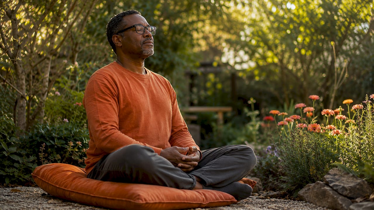 Black man quietly meditating in home office