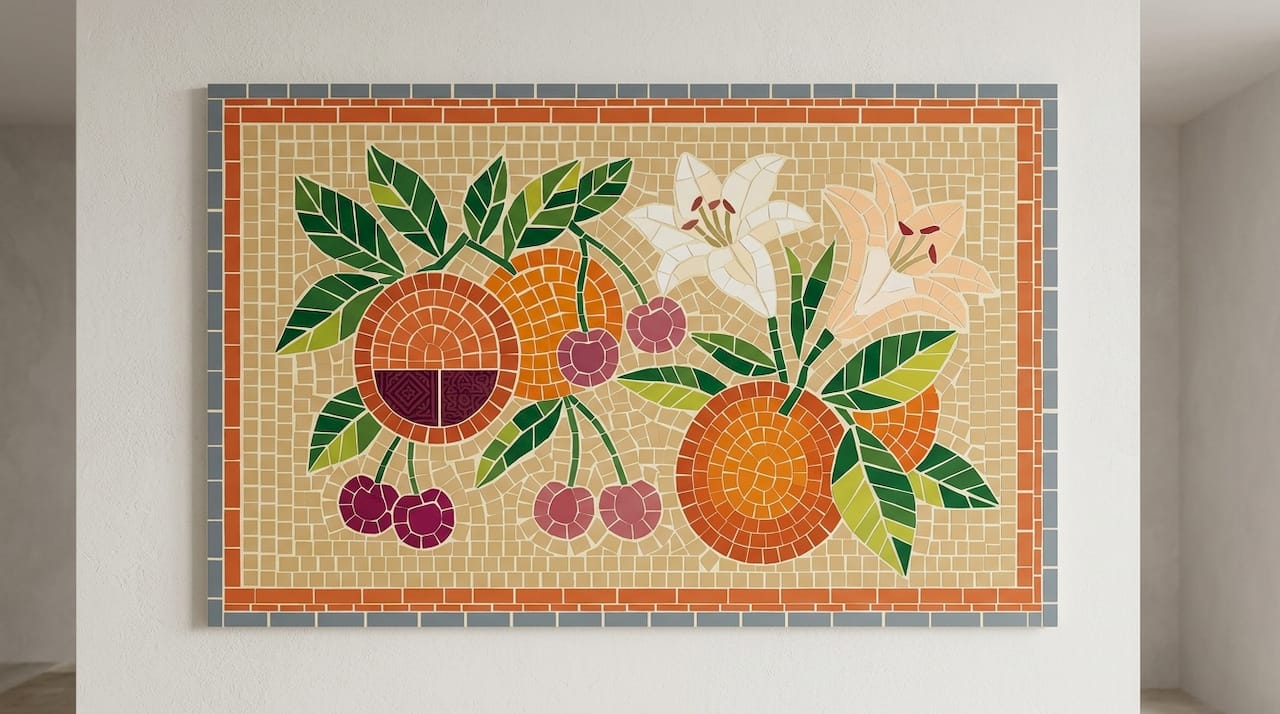 Mosaic of fruits and flowers symbolizing calm energy
