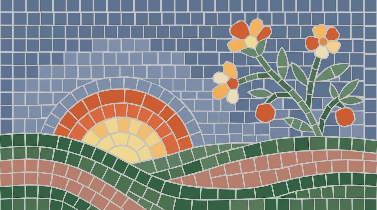 Mosaic of sun over hills with flowers and fruit