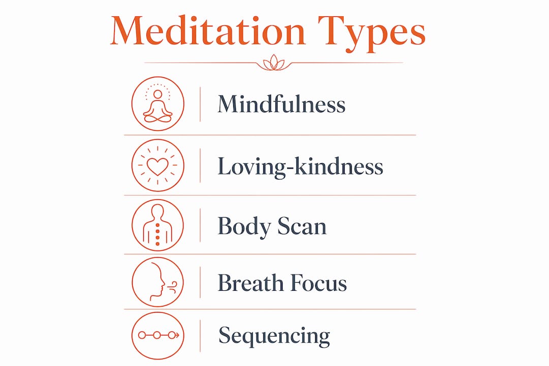 Infographic displaying meditation types and sequence steps