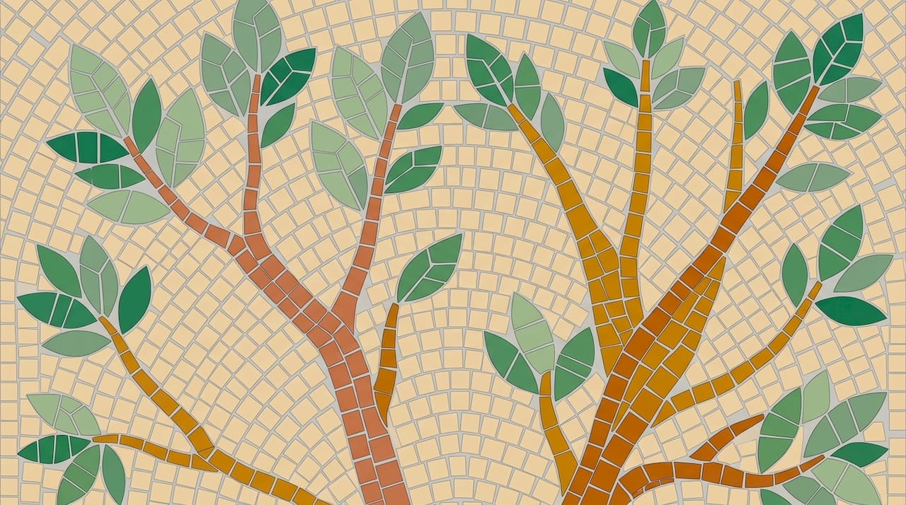 Mosaic of tree branch with leaves in gentle breeze