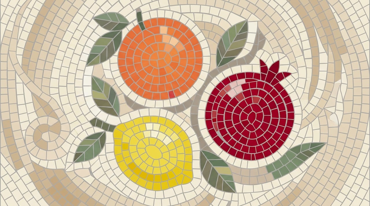 Mosaic of three colorful fruits with leaf patterns