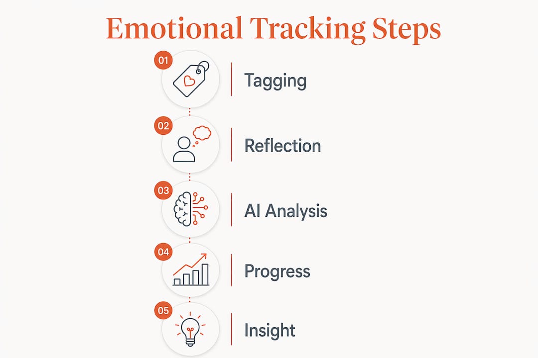 Infographic illustrating five steps in emotional tracking through meditation