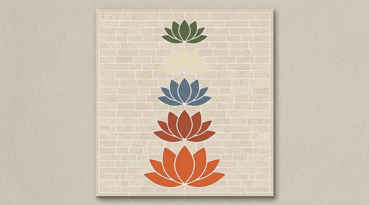 Mosaic of five lotus flowers representing meditation stages