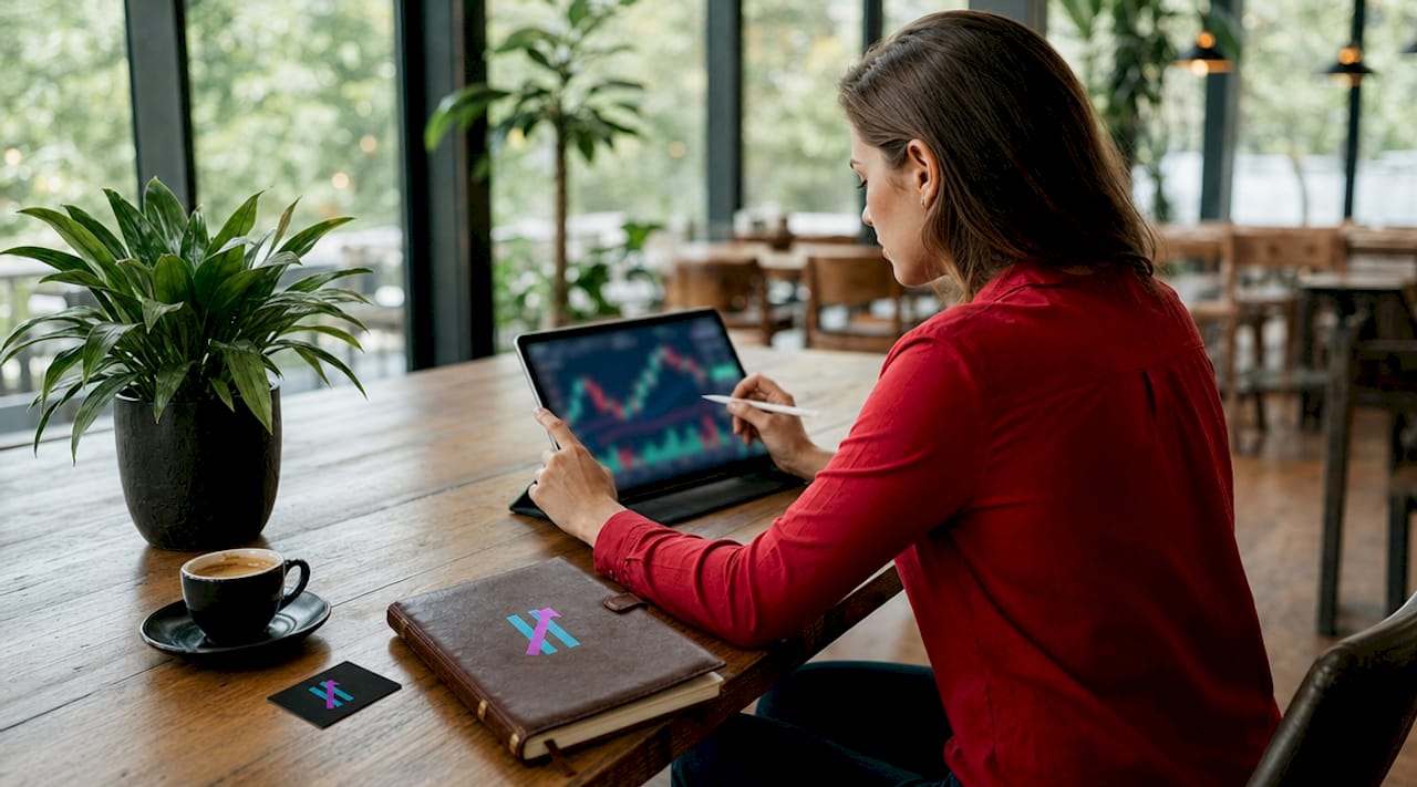 Hands interacting with trading indicators on tablet touchscreen