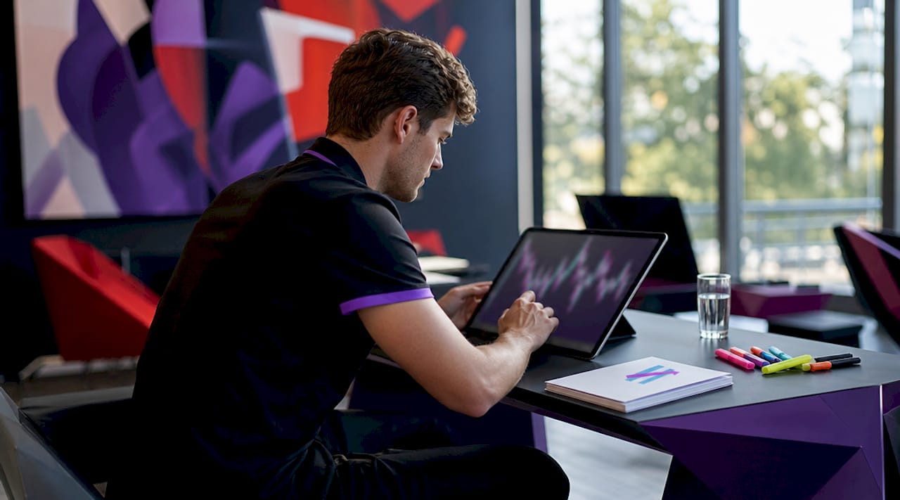 Trader's hands interacting with volume alert tablet