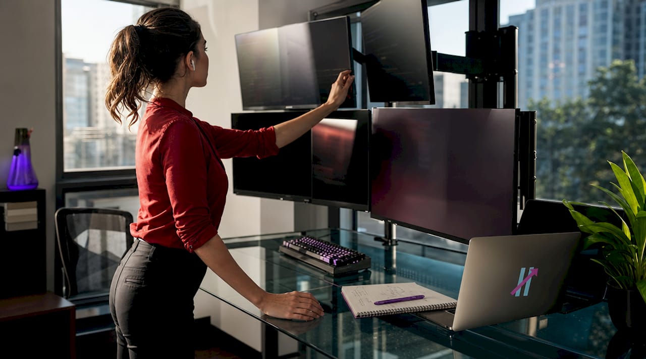 Female day trader monitoring multiple screens