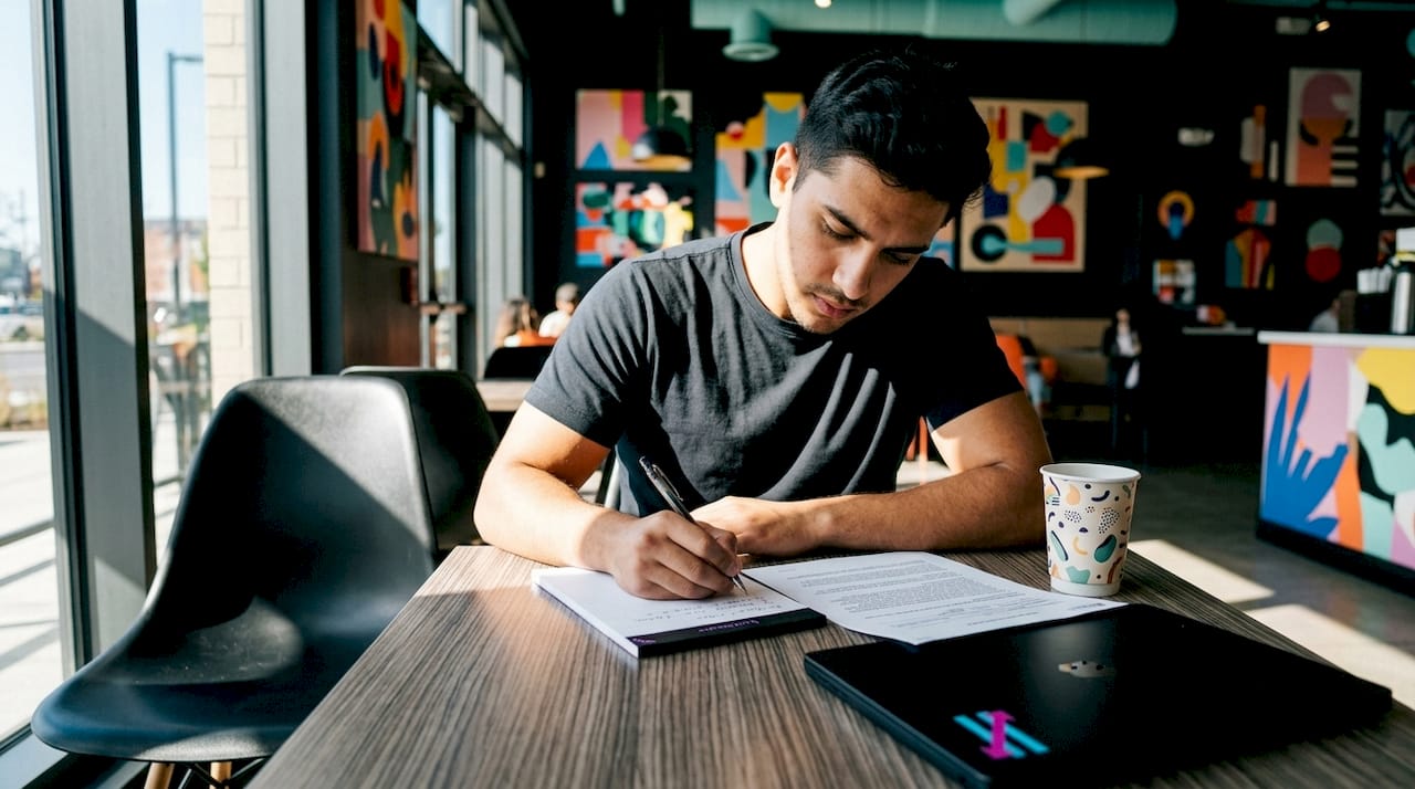 Young trader reviewing trading platform checklist at desk