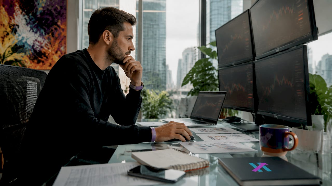 Trader analyzing market timing indicators at desk