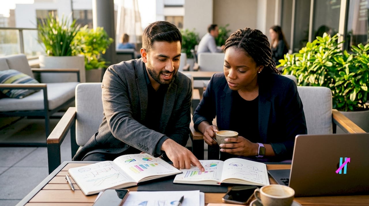 Two traders collaborating on indicators over table