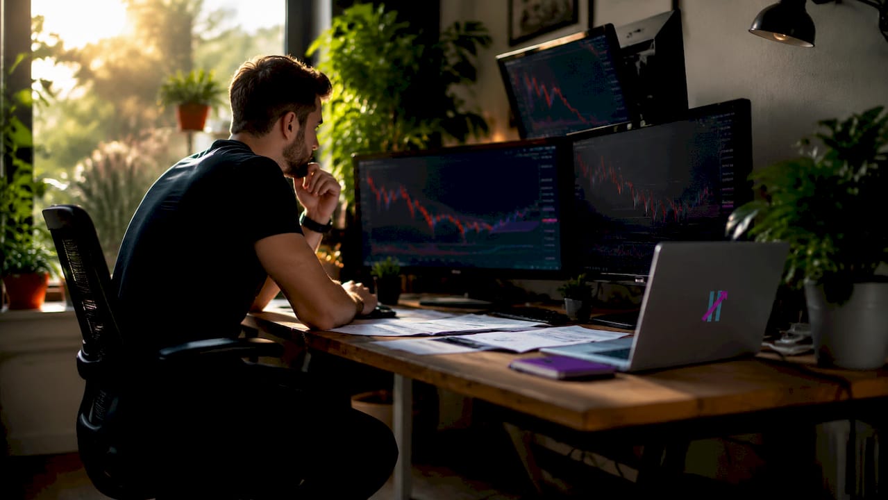Trader monitoring automated trade signals on screens