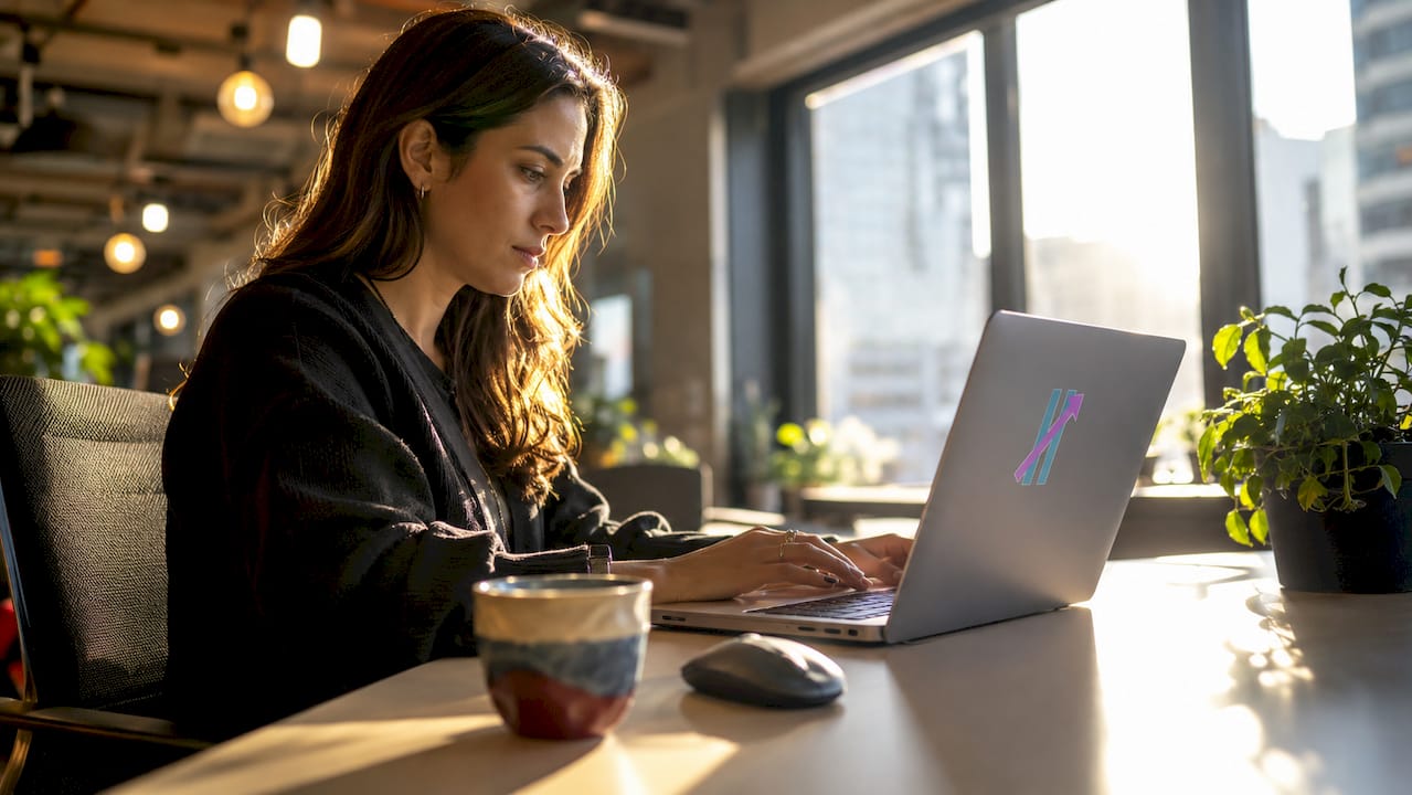 Woman using trading platform software on laptop