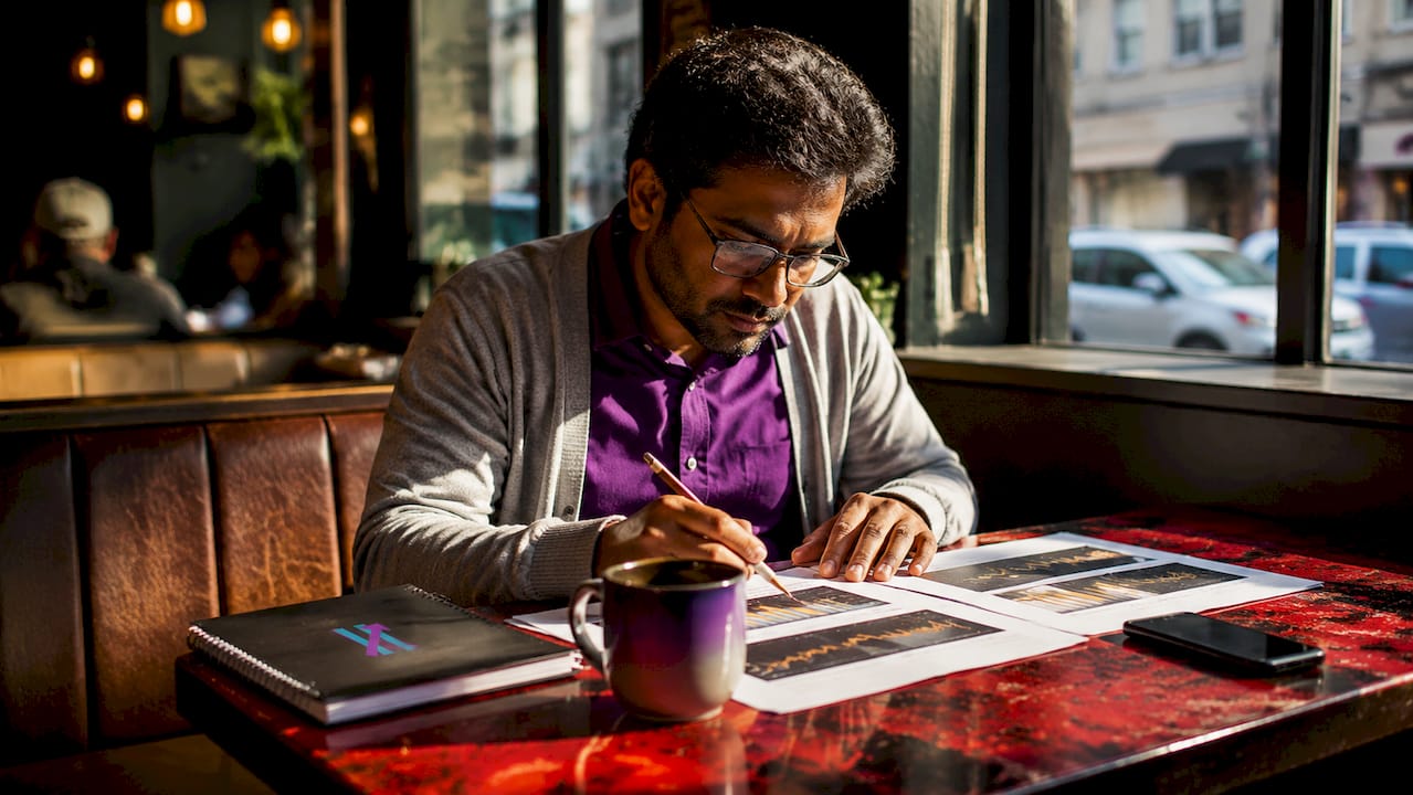 Trader analyzing printed trading signals at desk