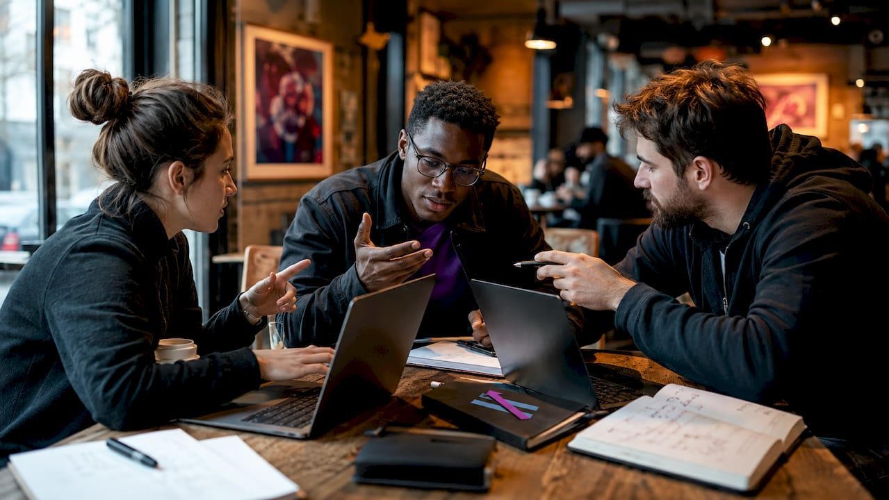 Traders collaborating on multi-chart layouts around table