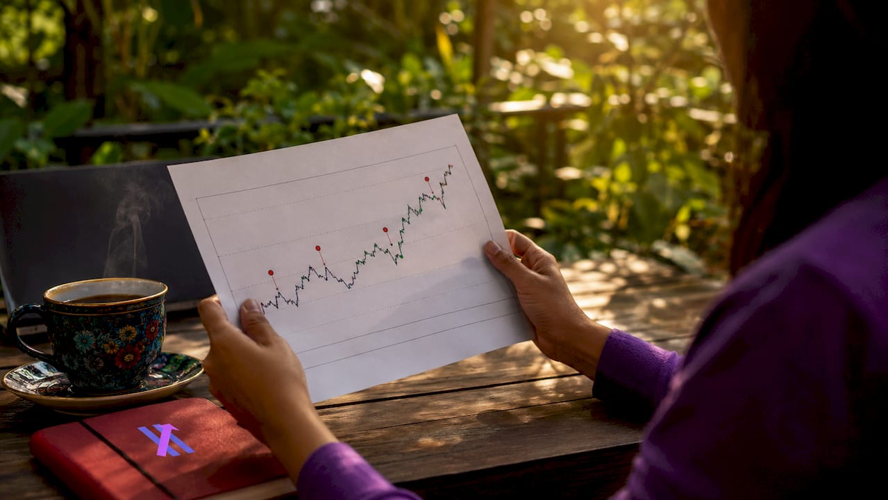 Trader reviewing equity curve graph at café table