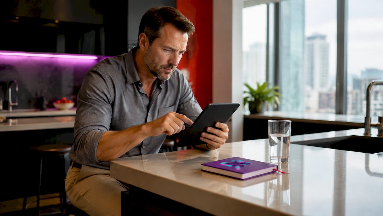 Trader analyzing buy signals on tablet by window