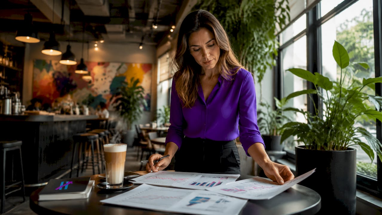 Trader reviewing printed buy signal charts
