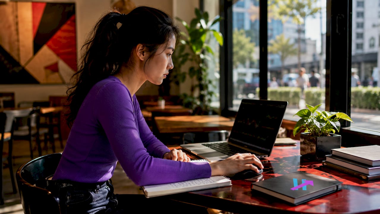 Woman analyzing swing trading charts at home office