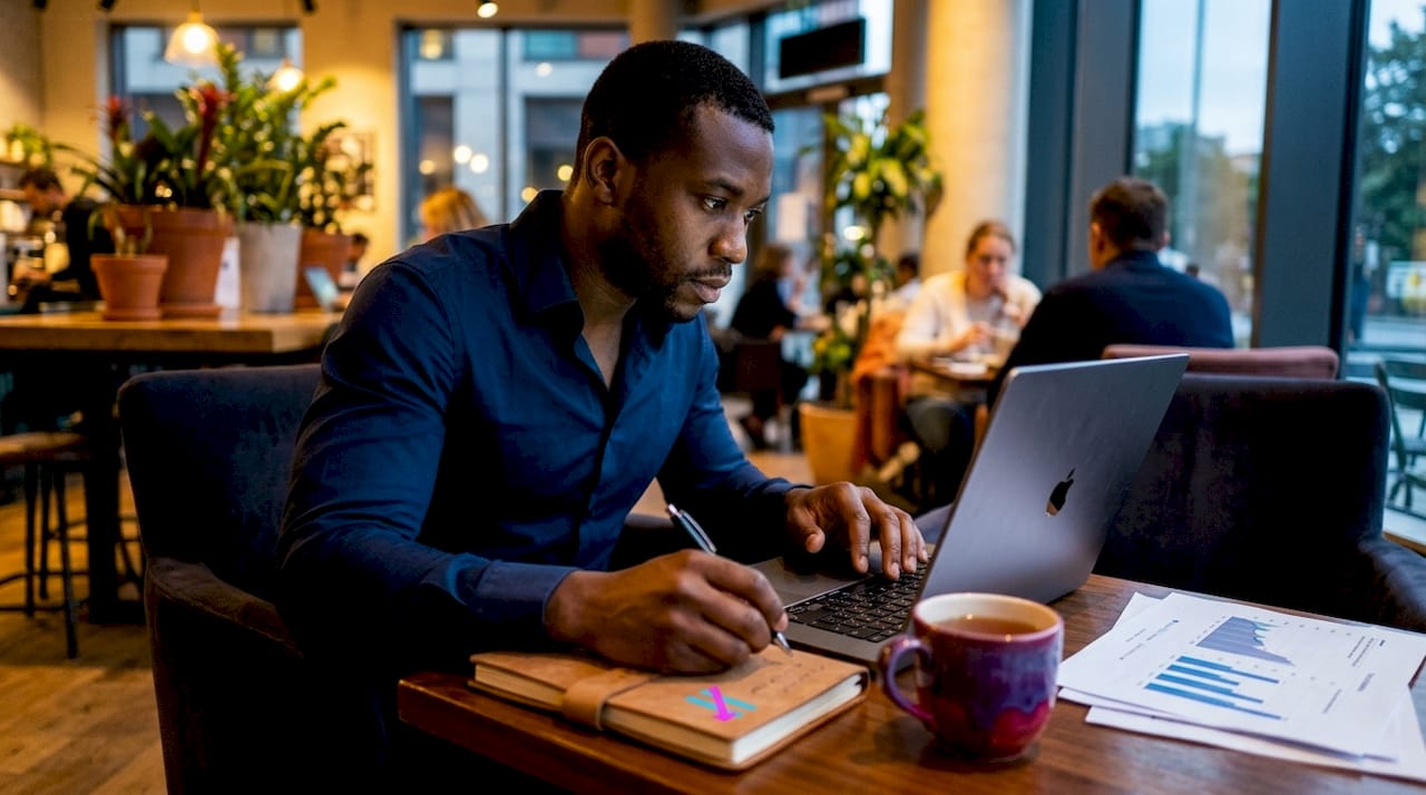 Trader performing daily market analysis at office desk