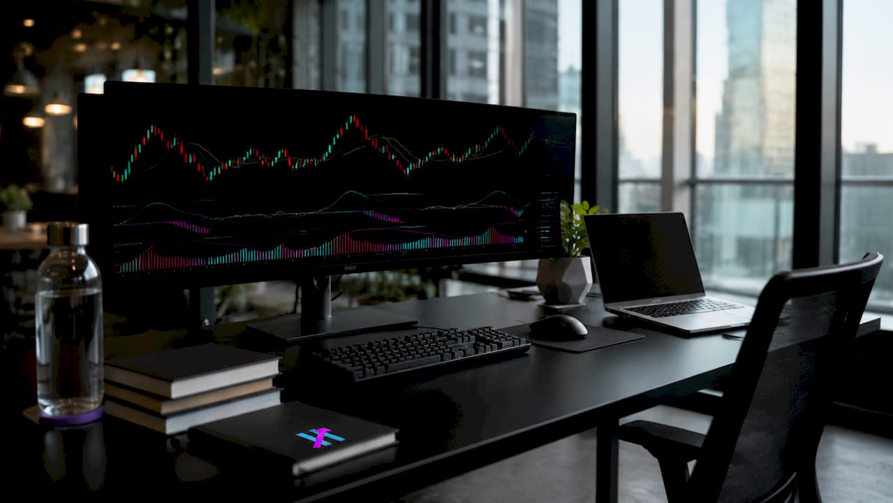 Minimalist trading desk with simple chart and 3 indicators