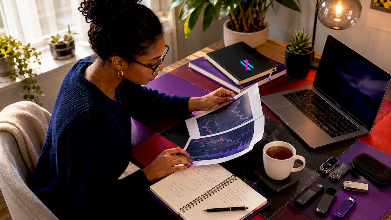 Woman reviewing crypto trading signals at table