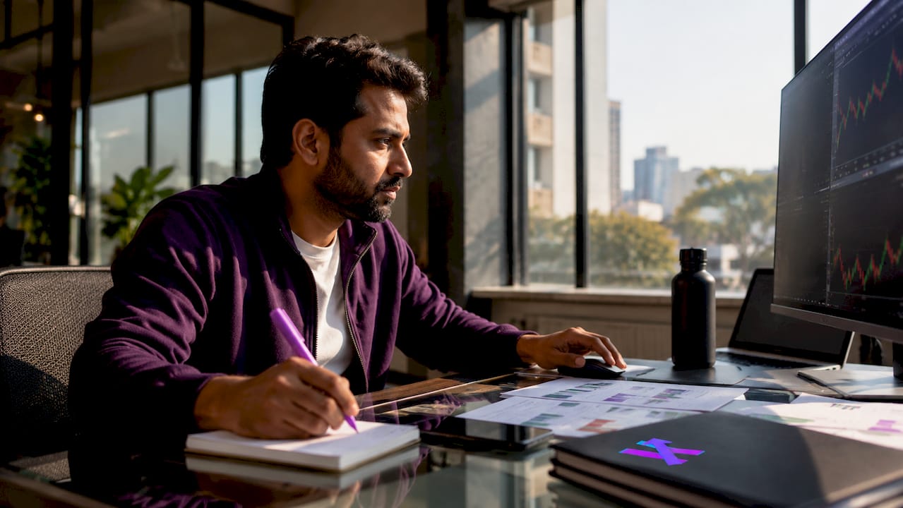 Trader reviewing exit signals on two monitors