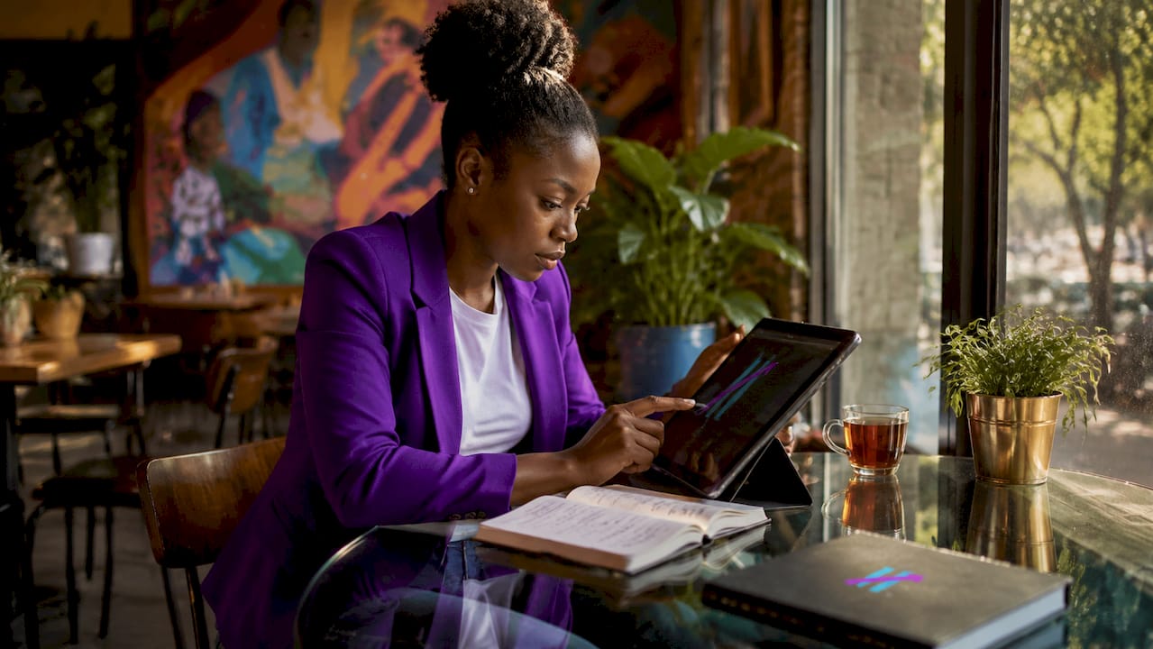 Hands analyzing trading chart on touchscreen tablet