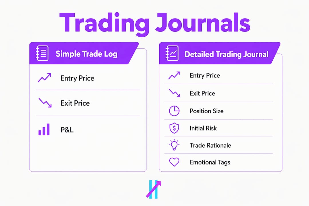 Infographic comparing trading journals and simple trade logs