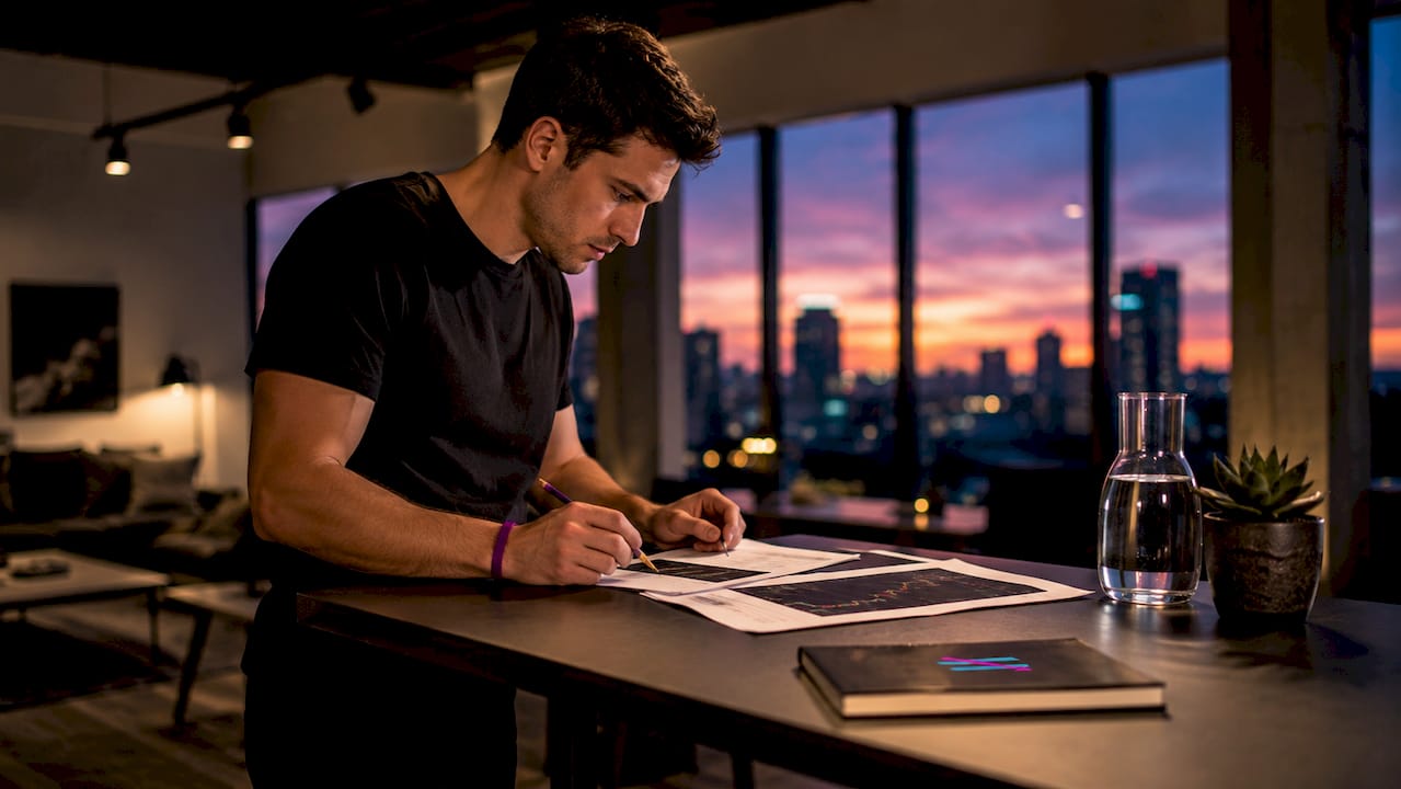 Trader reviewing printed trading signals carefully