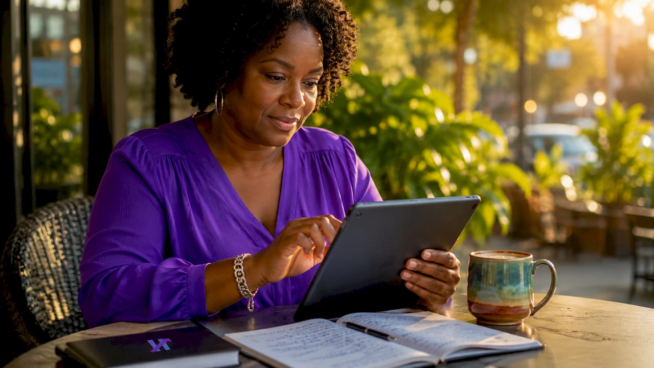 Close-up hands placing market order on tablet in cafe