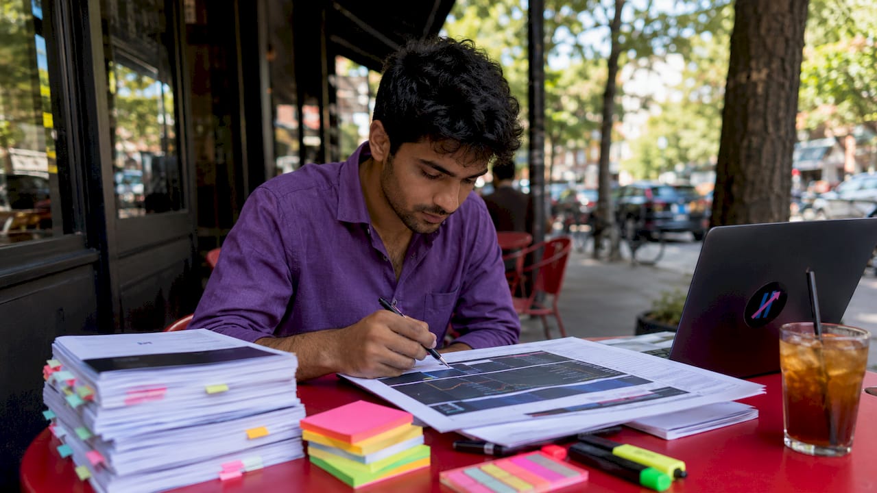Trader studying printed trading terms at home desk