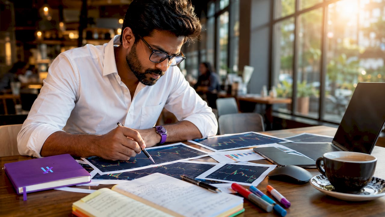 Trader studying printed stock charts at desk