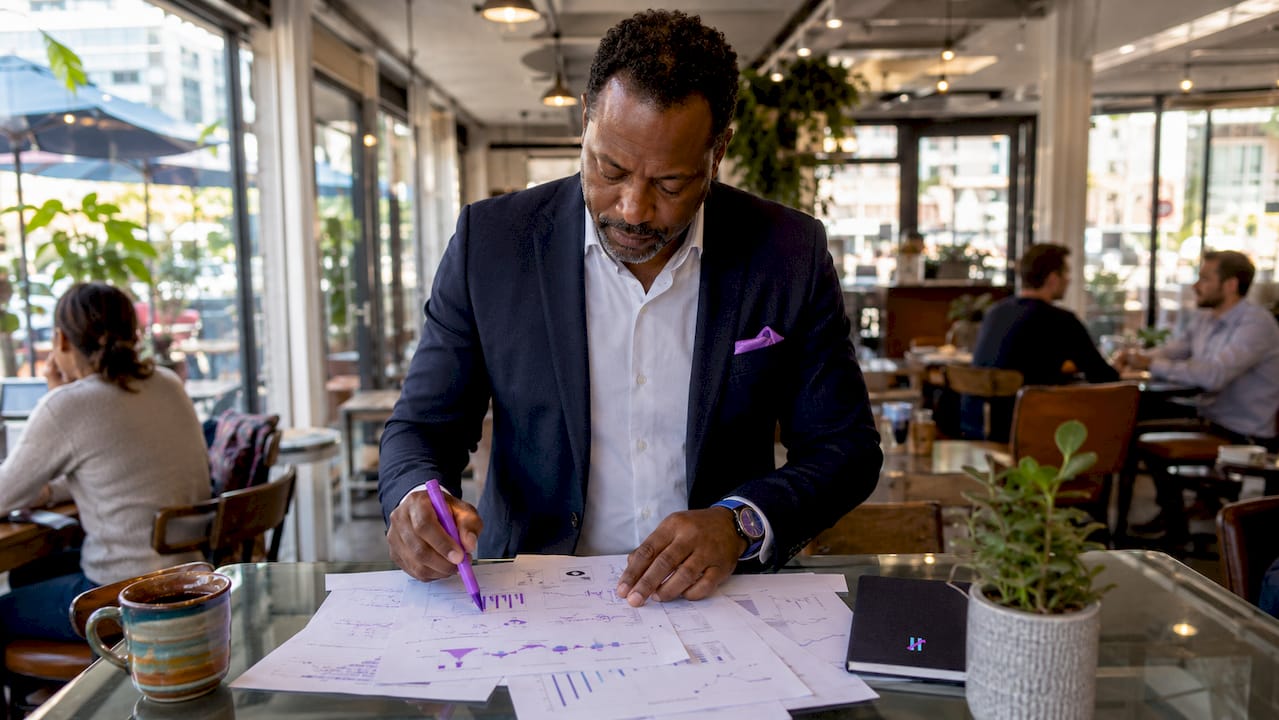Man preparing stock watchlist at desk