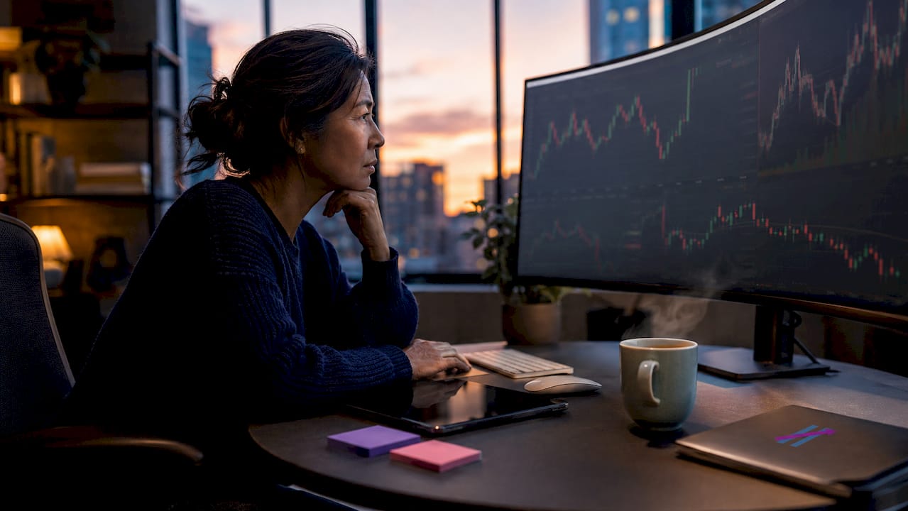 Woman using simple trading signals at home desk
