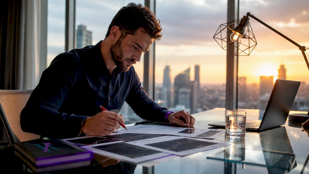 Trader reviewing printed trade charts at desk
