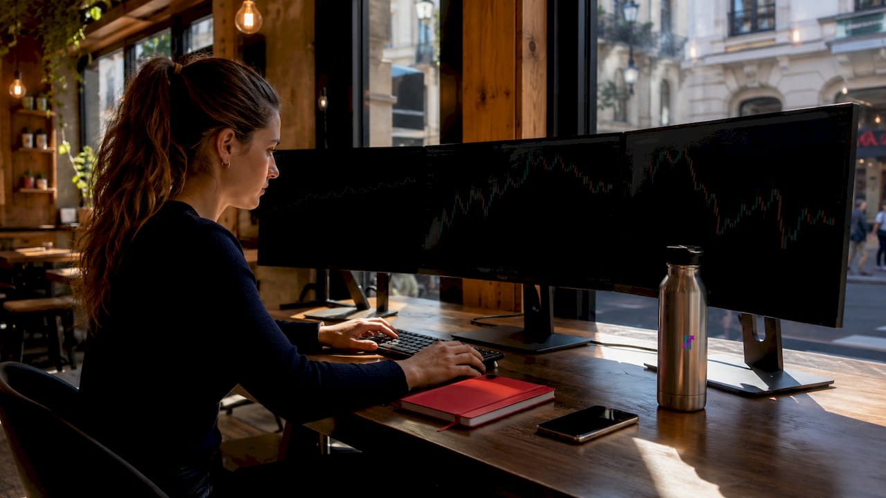 Female trader using multi-chart setup from behind